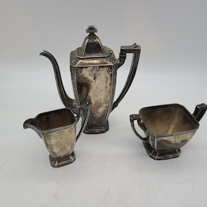 Antique Poole Silver plated Tall teapot w/ creamer and sugar with A monogram