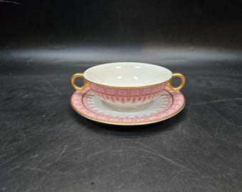 Theodore Haviland New york Cambridge Red Crimson 2 handle Cream Soup bowls w/ saucer