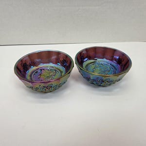 Pair of Amethyst purple carnival glass dishes w/ 1889 Morgan dollars trinket candy dishes 4&quot;