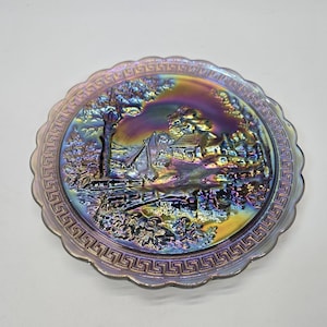 Plato de vidrio Imperial Glass Riverside Cottage Carnival raro de 10 1/2&quot;