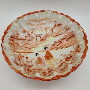 Antique Japanese Geisha girl 10&quot; Bowl scalloped and signed