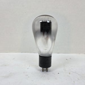 May include: A vintage vacuum tube with a clear glass bulb and a black base with two pins. The internal components are visible within the bulb. The tube has a pear-like shape and is designed for electronic devices.