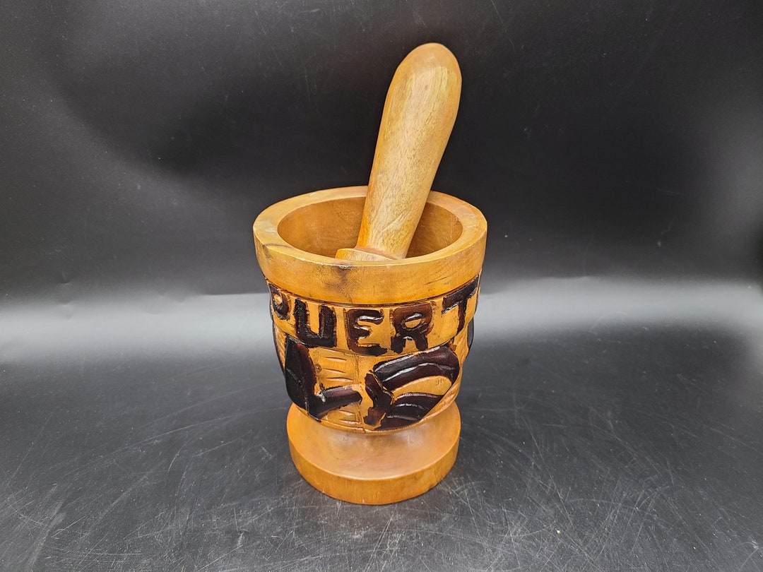 Vintage Wood Hand Carved Puerto Rico Mortar Pestle Large 6 3/4 X 5 1/2