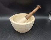 Antique Heavy porcelain Mortar Pestle w wood handle 8 1 2 quot and 4 3 4 quot High