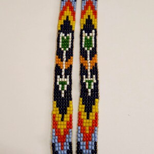 Vintage Handmade Glass seed bead work Flapper Sautoir Necklace with Thunder Bird & Arrows Motifs Orange Yellow Blue Seed Bead Navajo Style image 4