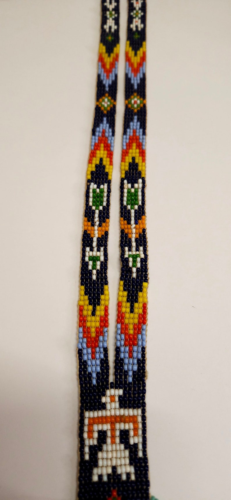 Vintage Handmade Glass seed bead work Flapper Sautoir Necklace with Thunder Bird & Arrows Motifs Orange Yellow Blue Seed Bead Navajo Style image 4