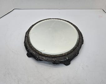 Rare Antique silver plated Vanity Plateau mirror 10 1/2&quot; very ornate fancy