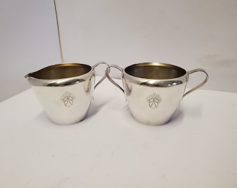 Vintage Silver Plated Sugar & Creamer with Etched Shield and Scroll Signed Heirloom Plate