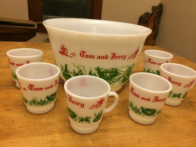 7 piece set Tom and Jerry punch bowl set 6 handled cups Etsy