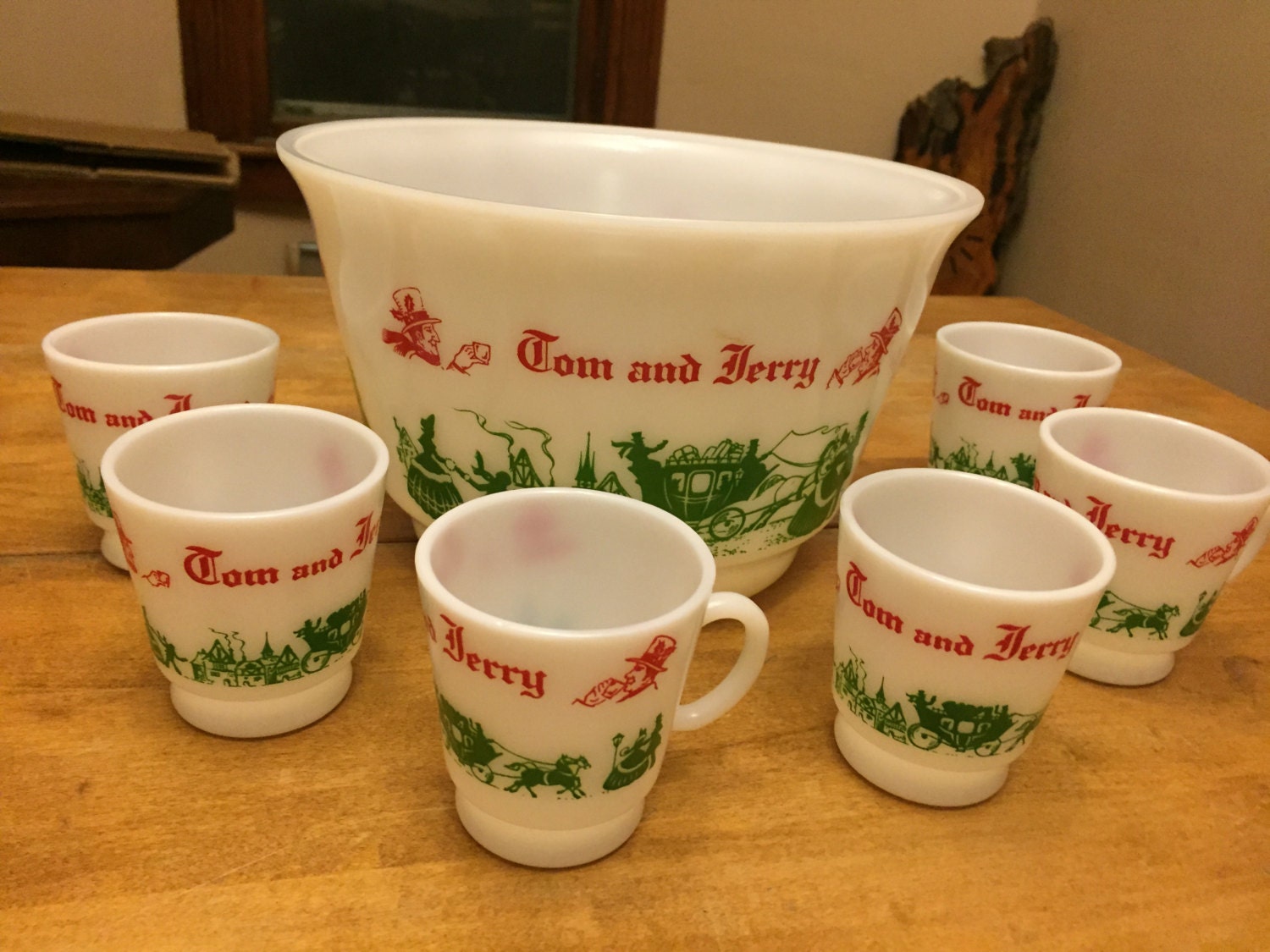 7 piece set Tom and Jerry punch bowl set 6 handled cups Etsy