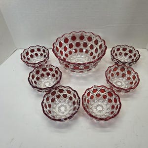 Antique EAPG ruby red flash 7 piece Hexagon block bowl set