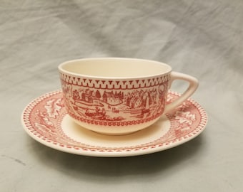Mid century Memory lane Tea cup and saucer perfect shape Red/pink transferware
