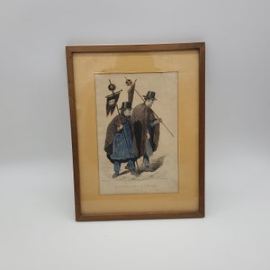 Antique Hand colored Etching Print I Poveri Dell Ospizio Di S. Gennaro 2 men carrying flags 1850s print