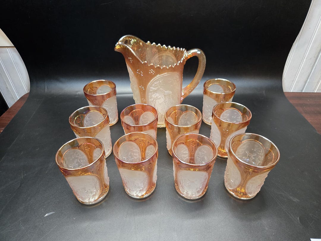 Rare Imperial Glass Marigold Carnival Frosted Windmill Scene