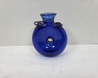 RARO vaso tascabile in vetro soffiato a mano di Chet Cole, tipo ciambella, blu cobalto, 15 cm