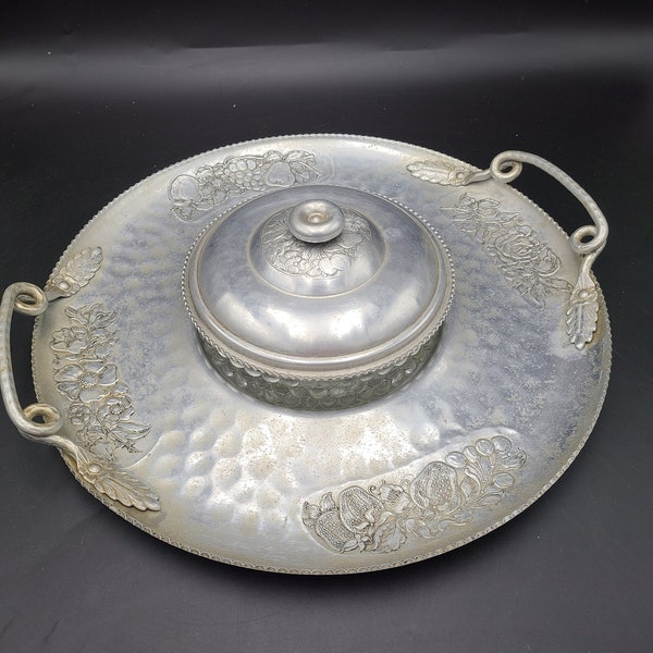 Large Hammered alunimum fruit pattern Snack/serving tray with 3 part dip or sauce centerpiece