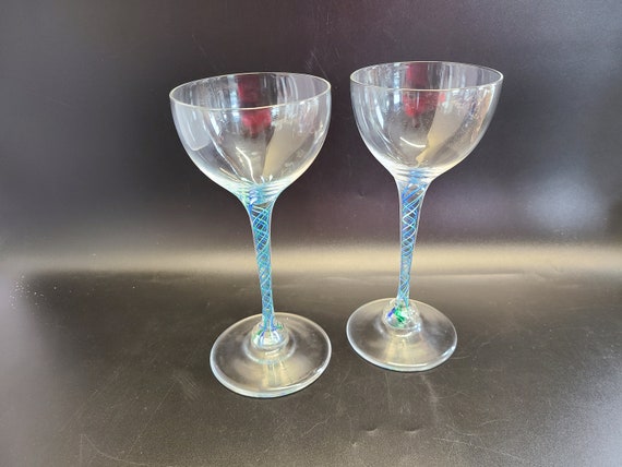 Pair of Very Nice Hand Blown Signed Spiral Stem Wine Glasses 8 1/4 Inches  Tall 