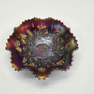 Rare Northwood Carnival glass Amethyst Purple Good luck horseshoe ruffled bowl 9&quot;