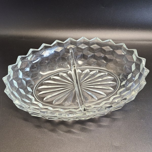 American Fostoria Clear glass  2 part divided relish dish 10 x 7"