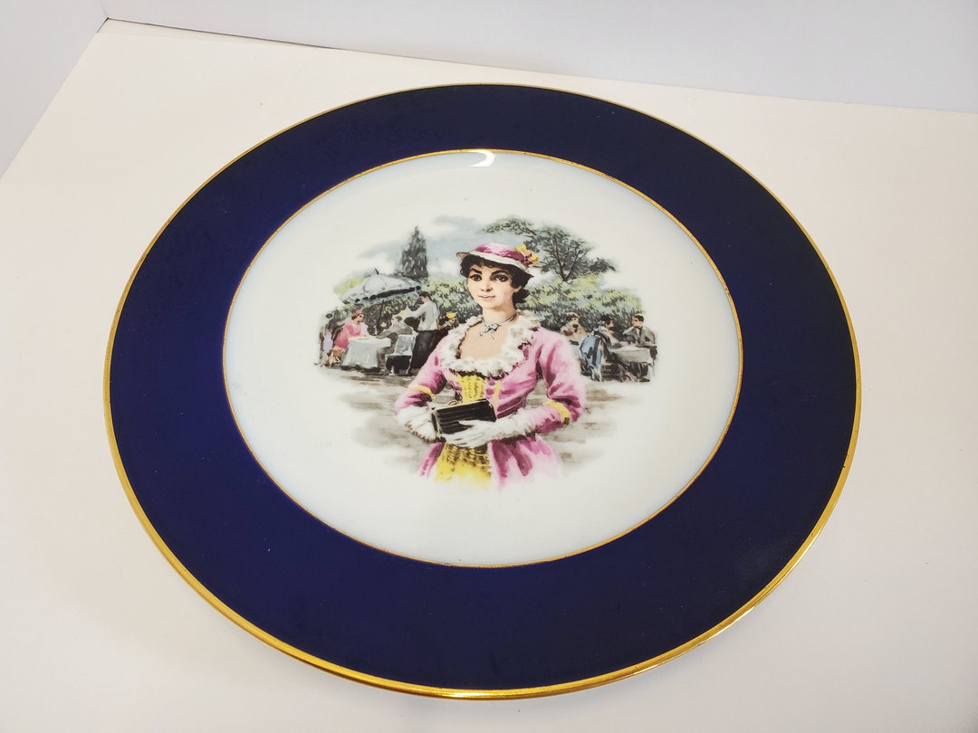 Antique JKW Western Germany Victorian Woman Dinner Plate Cobalt Blue ...