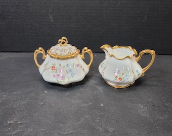Antique MZ Austria hand painted Signed KMS floral gold Sugar and creamer set
