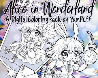 Alice in Wonderland - 14 Coloring Pages - Digital Coloring Pack by Yampuff - Instant Download - Kids & Adults Coloring - Printable Art