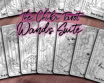 Chibi Tarot Coloring Book: Minor Arcana Wands Suite, 14 Coloring Pages (Digital Download)