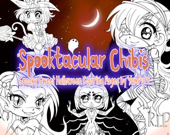 Halloween Chibi Coloring Pages: Spooky Sweet Digital Art (Instant Download)