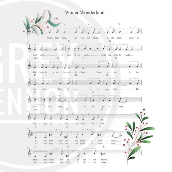 Non-Editable INSTANT Download JPG PNG Christmas Walking in a Winter Wonderland Sheet Music Holly Berry Pretty Song Design Carol Image 300DPI
