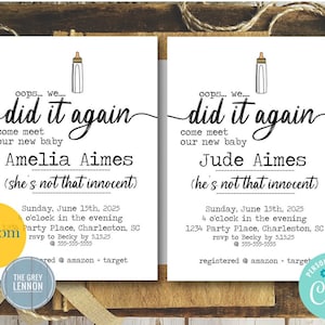 Editable Text Custom Oops We Did It Again Meet Baby Sip and See Not that Innocent Invitation Celebration Baby Shower Sprinkle 5x7 Printable