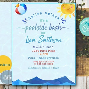 Editable Text ANY Pool Party Event I Watercolor Custom Invitation Birthday Party Splish Splash Bash Summer Party 5x7 Cute Download Printable