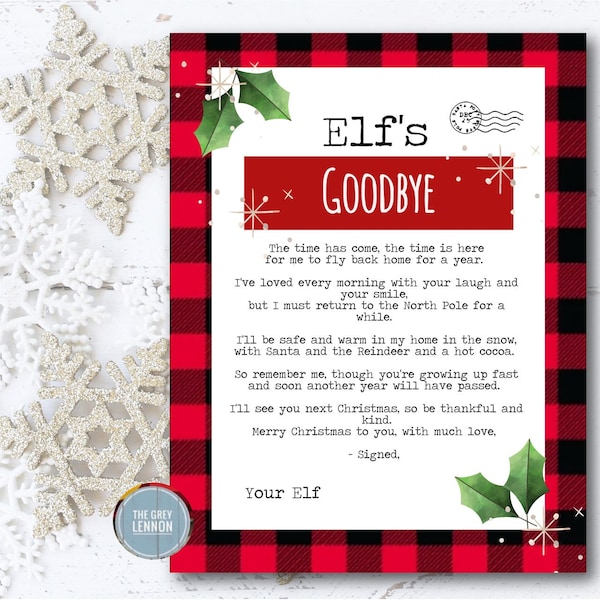 Non-Editable Christmas Elf Elves Goodbye Last Night Plaid End of Stay Printable - Vintage Typewriter Style INSTANT Download Printable PDF