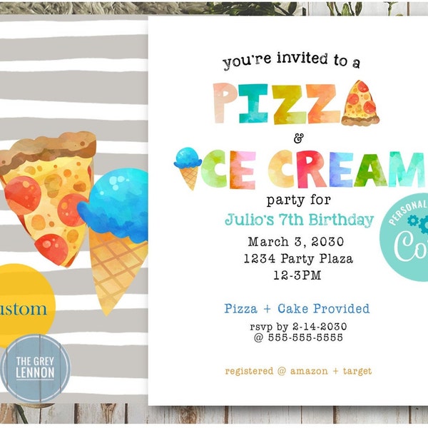 Edit & Print! ANY Event! Make it yours! Simple Pizza and Ice Cream Party Event Custom Invitation Colorful Watercolor 5x7 Download Printable