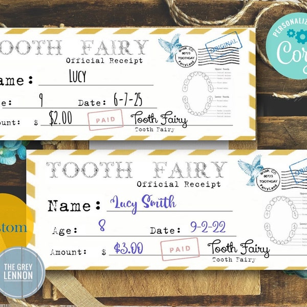 Editable Custom Tooth Fairy Magical Receipt PERSONALIZED for Your Child for Payment for Lost Tooth Typewriter PDF JPG Image with Corjl!