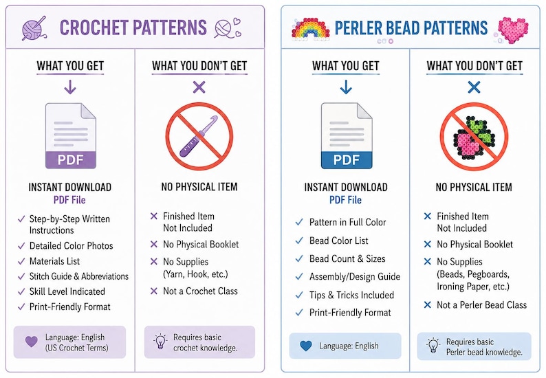 Peut inclure: Un graphique informatif d&eacute;taillant des mod&egrave;les num&eacute;riques de crochet et de perles &agrave; repasser. Il liste ce qui est inclus, comme les fichiers PDF et les instructions, et ce qui ne l'est pas, notamment les articles physiques comme le fil ou les perles.