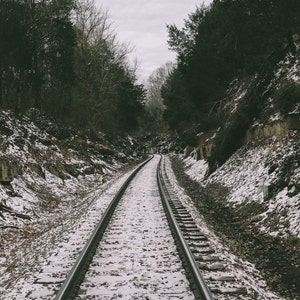 May include: A pair of train tracks covered in snow, with trees lining the sides of the tracks.