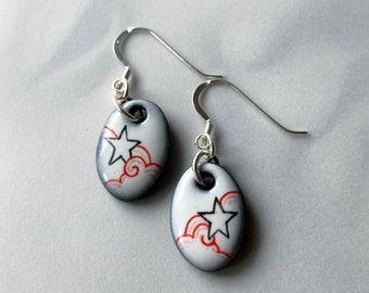 Celestial Drop Earrings: Star and Cloud Hand Painted Ceramic Jewelry. Whimsigoth, Cottagecore, Goblincore, Minimalist, Gothic Space Earrings