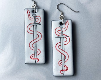 Hand-Painted Snake and Sword Earrings: Gothic Sterling Silver Jewelry