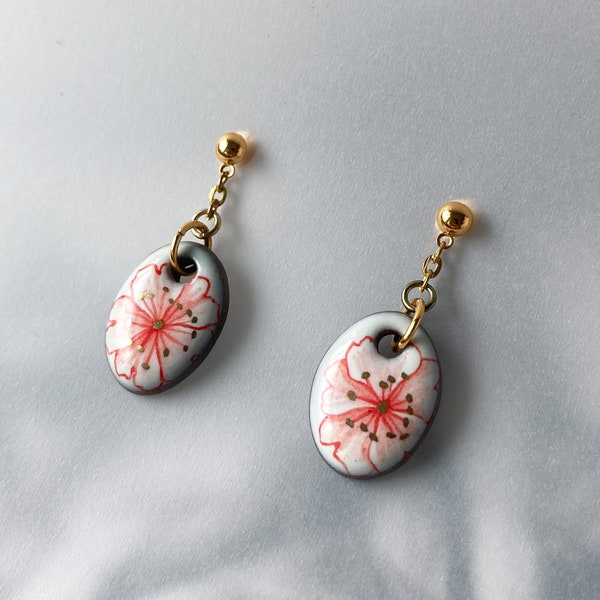 Small Rose Drop Earrings: Red and Gold Floral Hand Painted Ceramic Jewelry. Rosebud Rococo, Cottagecore, Goblincore, Royalcore Accessorys