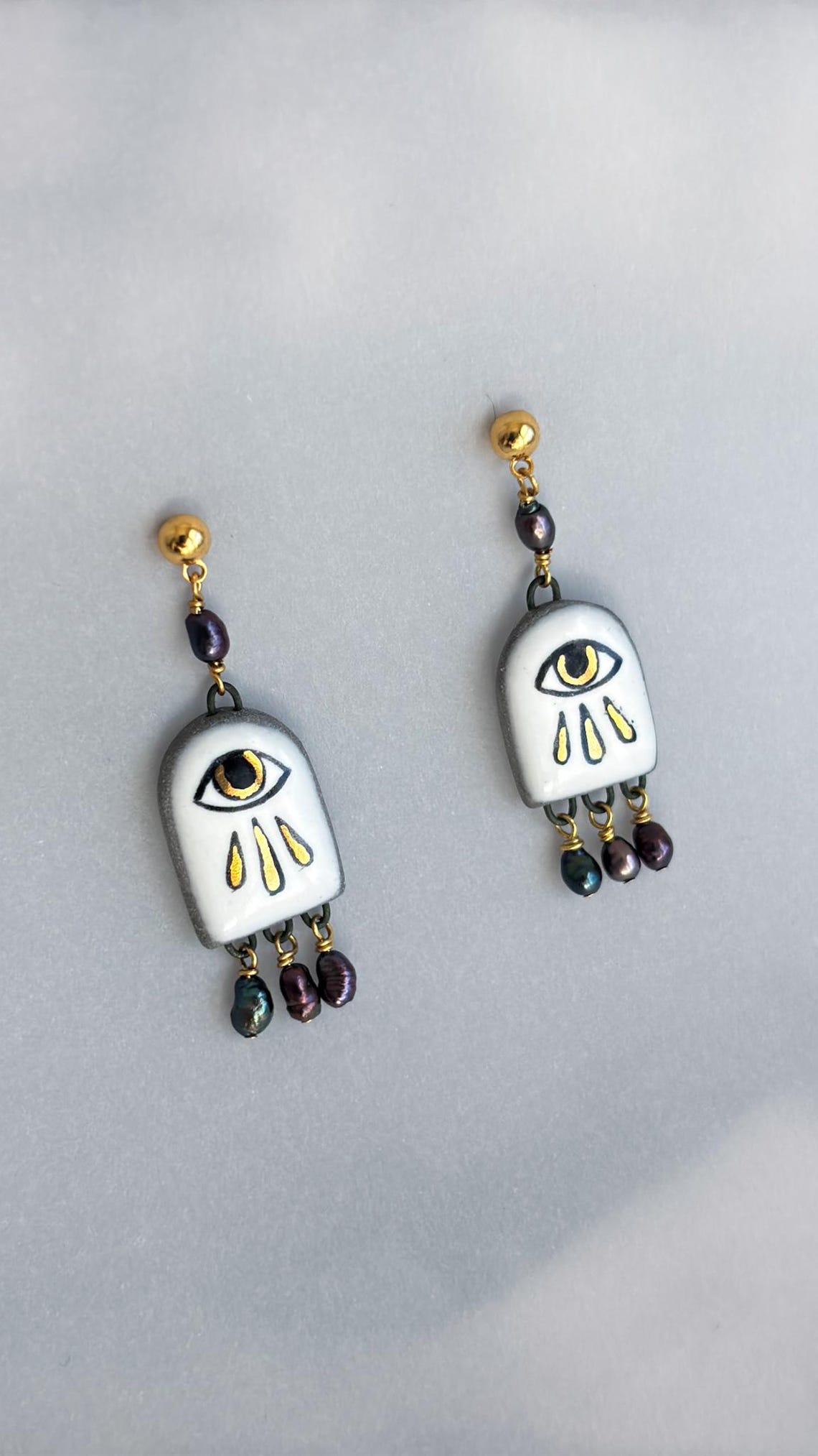 Gold Crying Eye Pearl Drop Earrings: Hand Painted Ceramic Jewelry. Evil ...