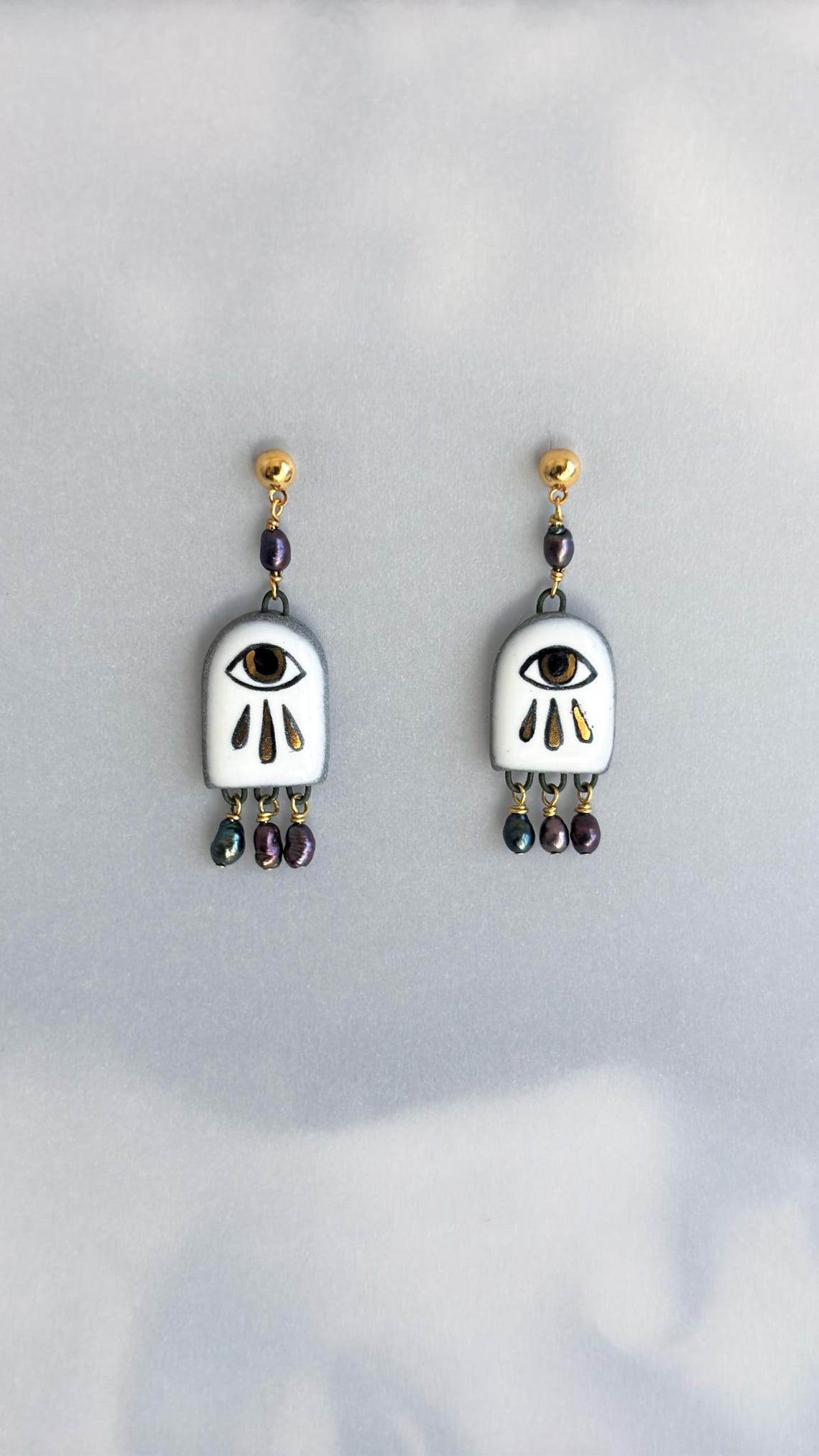 Gold Crying Eye Pearl Drop Earrings: Hand Painted Ceramic Jewelry. Evil ...