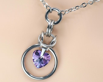 Day Collar * O Ring w/ Vitrail Light AB Swarovski Crystal Heart * Locking Options * 24/7 Wear