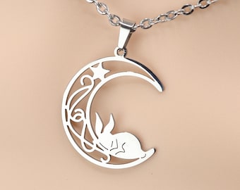 Day Collar * Crescent Moon w/ Sleeping Bunny Rabbit * Locking Options * 24/7 Wear