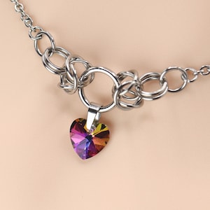 Day Collar * O Ring Chainmail w/ Czech Crystal Heart Electric Rainbow * Locking Options * 24/7 Wear