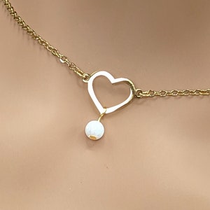 Discreet Day Collar * Gold Heart w/ Opal * Locking Options * 24/7 Wear