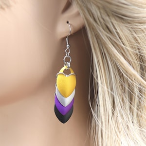 Puede incluir: Un par de pendientes colgantes con un diseño de corazón amarillo, blanco, negro y morado. Los pendientes están hechos de metal y tienen un gancho plateado.