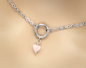 Day Collar * O Rings w/ Pink Opal Heart * Locking Options * 24/7 Wear