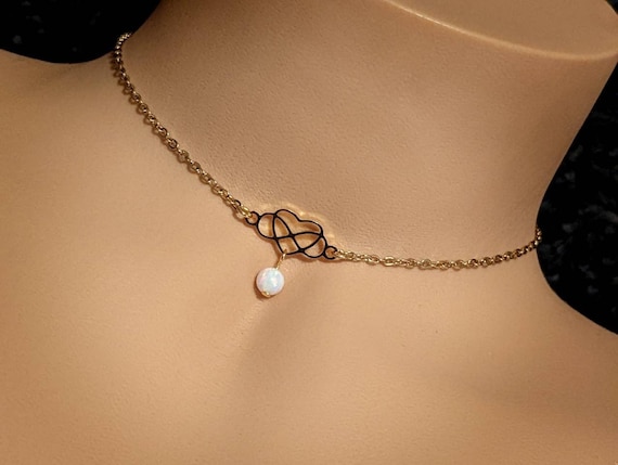 Discreet Day Collar * Gold Infinity Heart w/ Opal * Polyamorous * Locking Options * 24/7 Wear