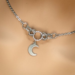 Day Collar * Chainmail O Ring w/ Crescent Moon * Locking Options * 24/7 Wear