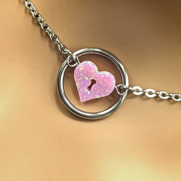 Day Collar * O Ring w/ Pink Opal Heart Lock * Locking Options * 24/7 Wear